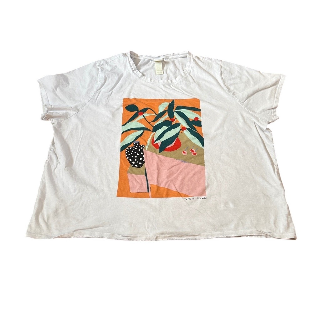 H&M Graphic Tee Women White Galicia Espana Art Print Boxy Short Sleeve‎ SIZE XXL